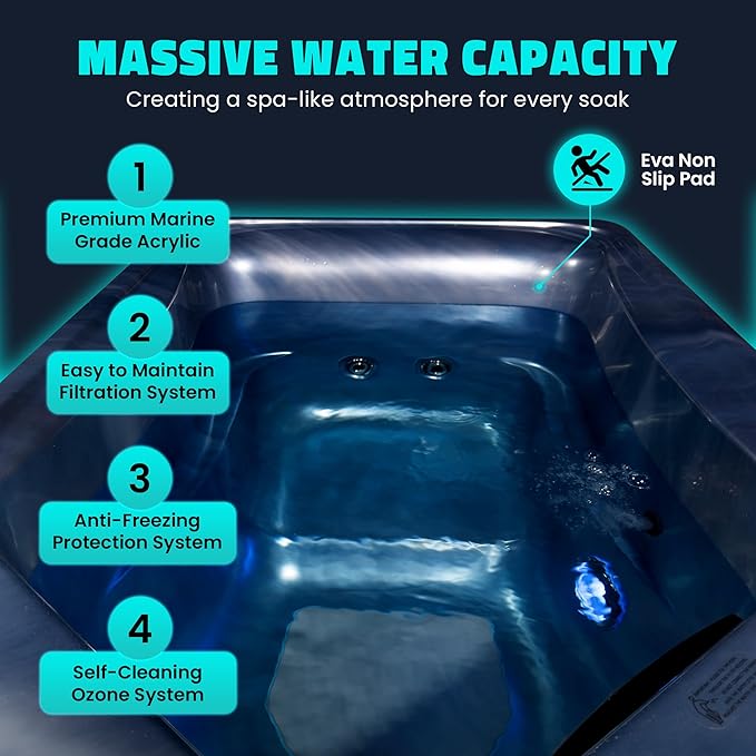 Borealis 69-in. All-in-One Cold Plunge and Hot Tub with Built-in Chiller | Acrylic Interior with 2 Jets, Bluetooth Speakers, Lights, WiFi App Control Chiller for Indoor/Outdoor Use โ Blue