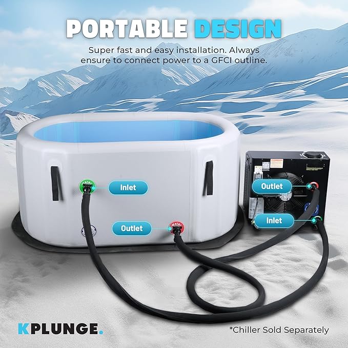 Kodiak 59" 1-Person Inflatable Cold Plunge Ice Bath Tub or Hot Tub with PVC Insulated Lid, Hand Pump, Repair Kit, 110-Gallon Capacity โ Chiller Compatible Indoor/Outdoor Tub โ Gray