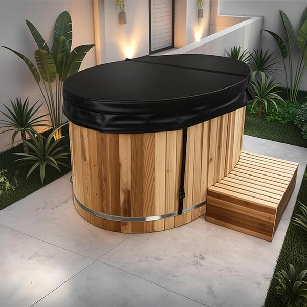 Premium 62-in. Oval Cedar Wood Cold Plunge and Hot Tub with Stainless Steel Interior.