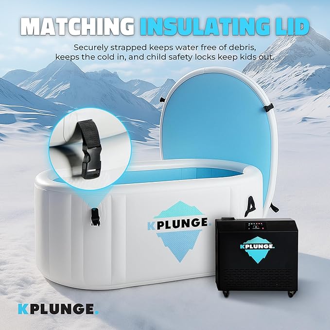 Kodiak 59" 1-Person Inflatable Cold Plunge Ice Bath or Hot Tub with 3/4 HP Chiller and Heater, PVC Insulated Lid, Hand Pump, Repair Kit, 110-Gallon Capacity, Indoor/Outdoor Tub – Gray