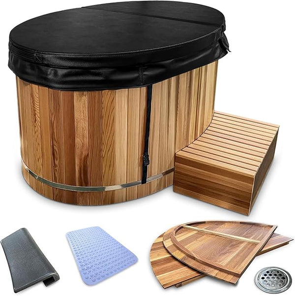 Premium 62-in. Oval Cedar Wood Cold Plunge and Hot Tub with Stainless Steel Interior.